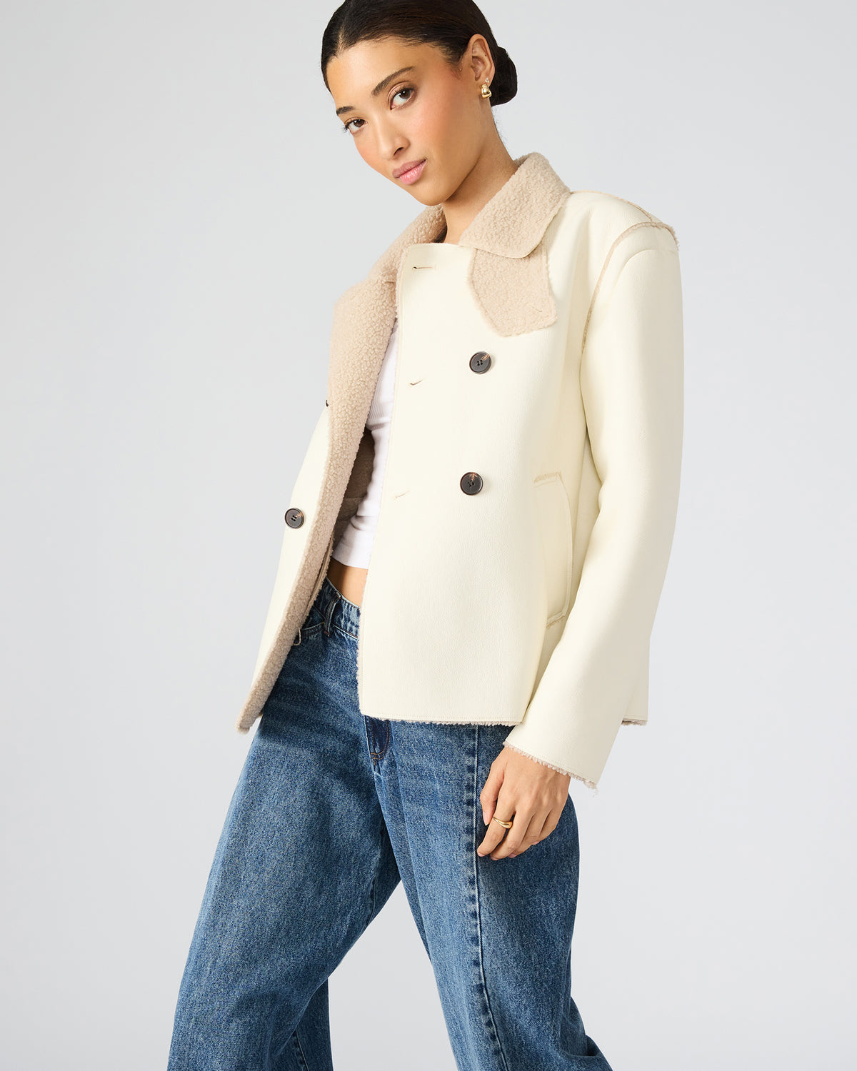 LIV Cream Button-Up Long-Sleeved Collared Women's Coat | Steve Madden