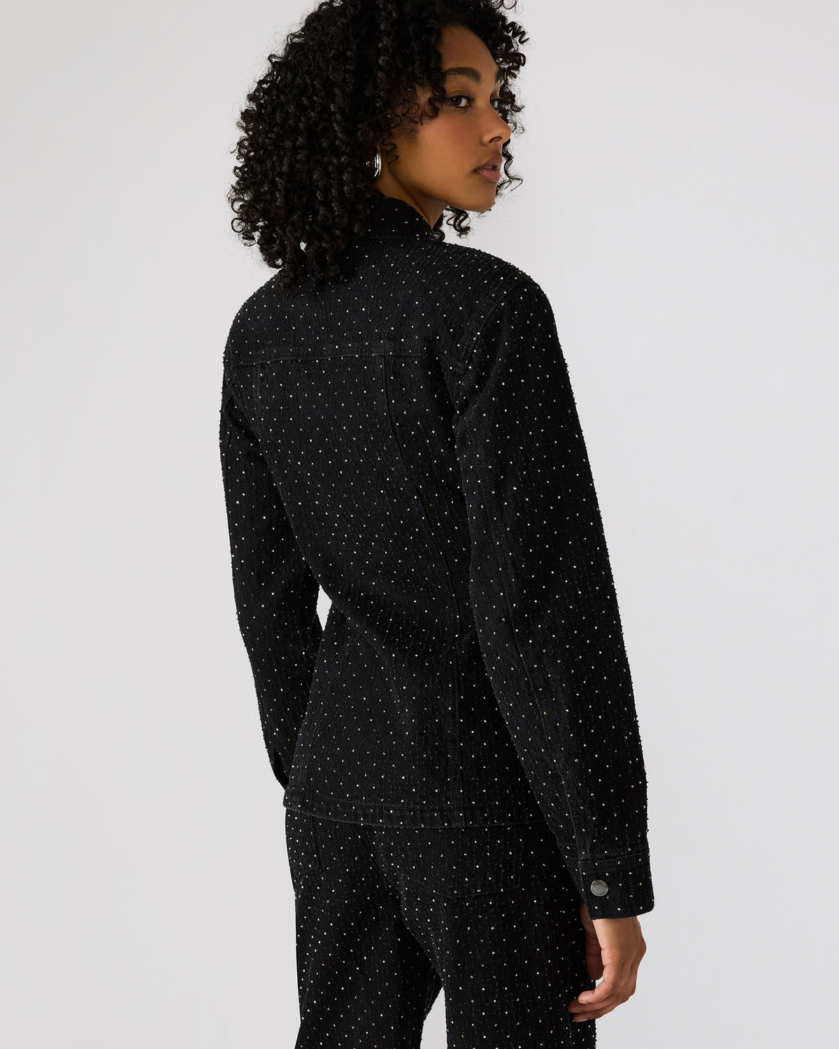 PARC Black Crystal Rhinestone Embellished Long-Sleeved Button-Up Denim Women's Jacket | Steve Madden