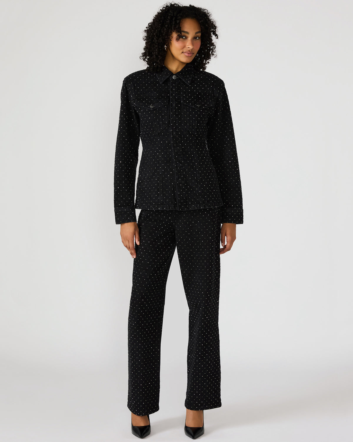 PARC Black Crystal Rhinestone Embellished Long-Sleeved Button-Up Denim Women's Jacket | Steve Madden