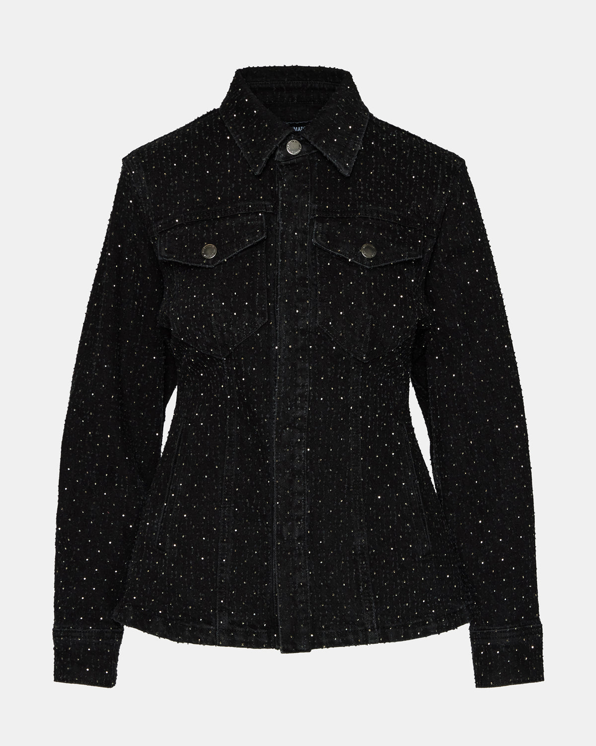 PARC Black Crystal Rhinestone Embellished Long-Sleeved Button-Up Denim Women's Jacket | Steve Madden