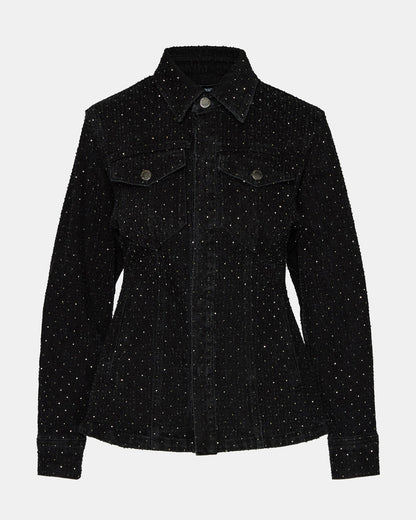 PARC Black Crystal Rhinestone Embellished Long-Sleeved Button-Up Denim Women's Jacket | Steve Madden