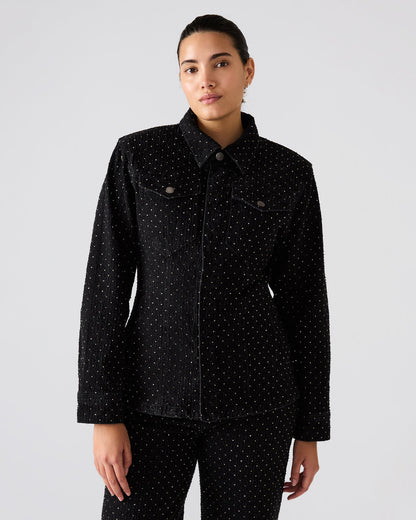 PARC Black Crystal Rhinestone Embellished Long-Sleeved Button-Up Denim Women's Jacket | Steve Madden