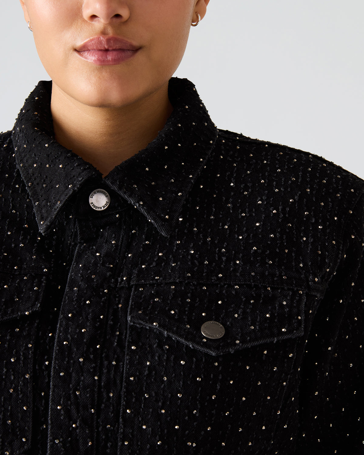 PARC Black Crystal Rhinestone Embellished Long-Sleeved Button-Up Denim Women's Jacket | Steve Madden