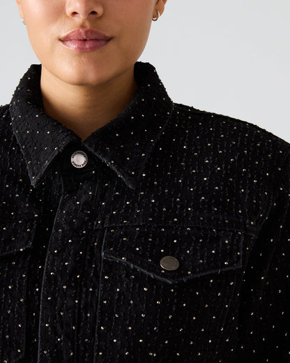 PARC Black Crystal Rhinestone Embellished Long-Sleeved Button-Up Denim Women's Jacket | Steve Madden