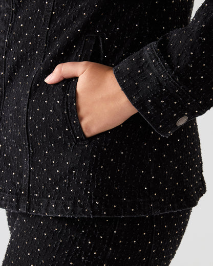 PARC Black Crystal Rhinestone Embellished Long-Sleeved Button-Up Denim Women's Jacket | Steve Madden