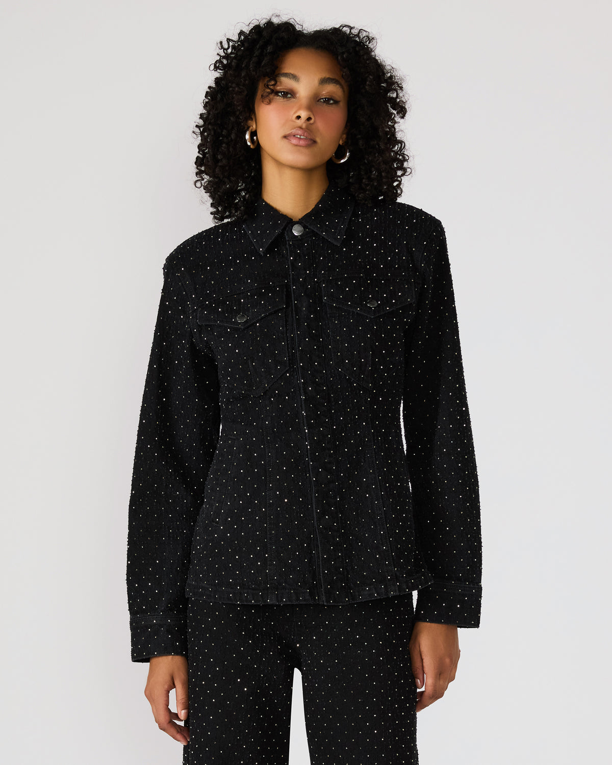 PARC Black Crystal Rhinestone Embellished Long-Sleeved Button-Up Denim Women's Jacket | Steve Madden
