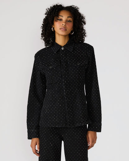 PARC Black Crystal Rhinestone Embellished Long-Sleeved Button-Up Denim Women's Jacket | Steve Madden