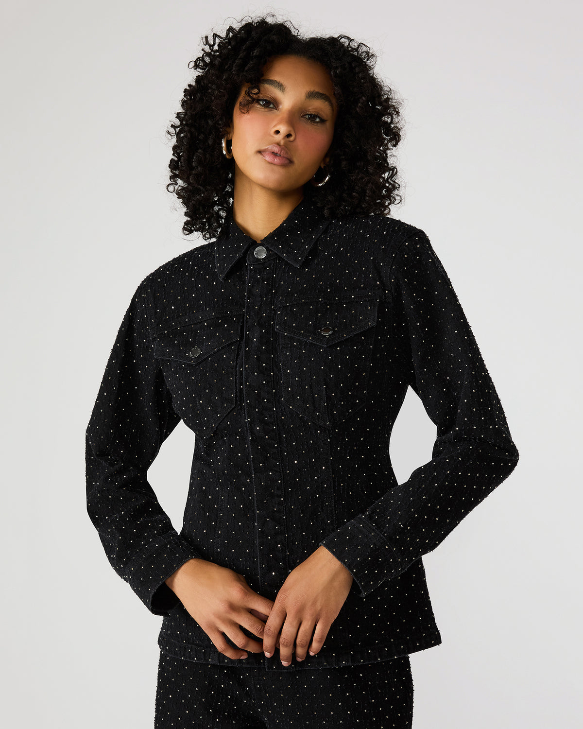PARC Black Crystal Rhinestone Embellished Long-Sleeved Button-Up Denim Women's Jacket | Steve Madden