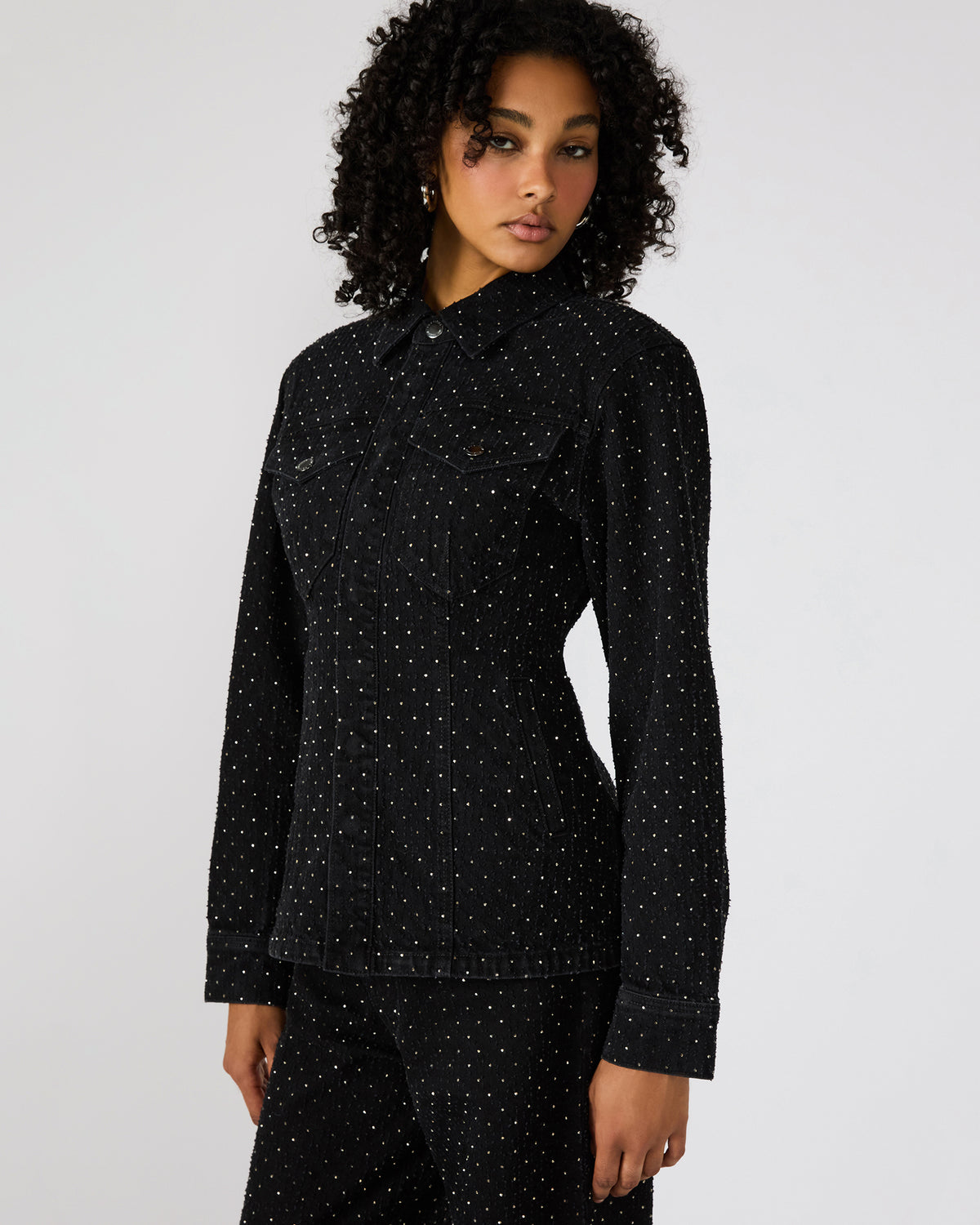 PARC Black Crystal Rhinestone Embellished Long-Sleeved Button-Up Denim Women's Jacket | Steve Madden