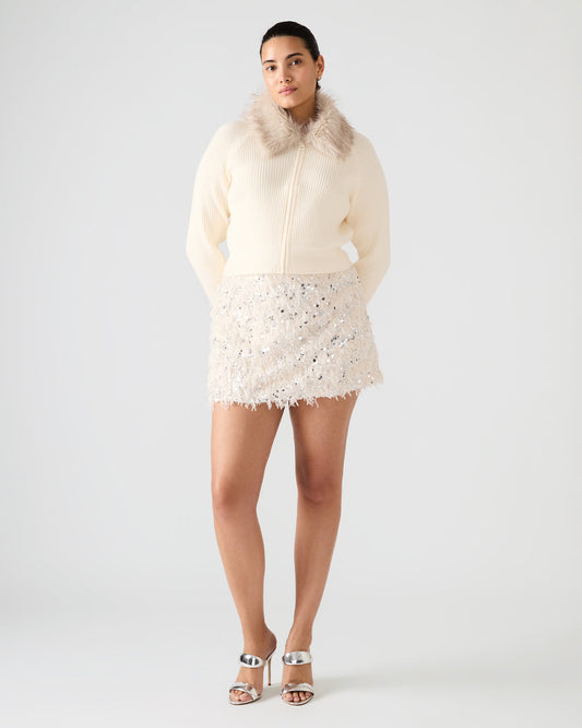 LYSIA Cream Long-Sleeved Faux Fur Hood Zip-Up Ribbed Women's Sweater Jacket | Steve Madden