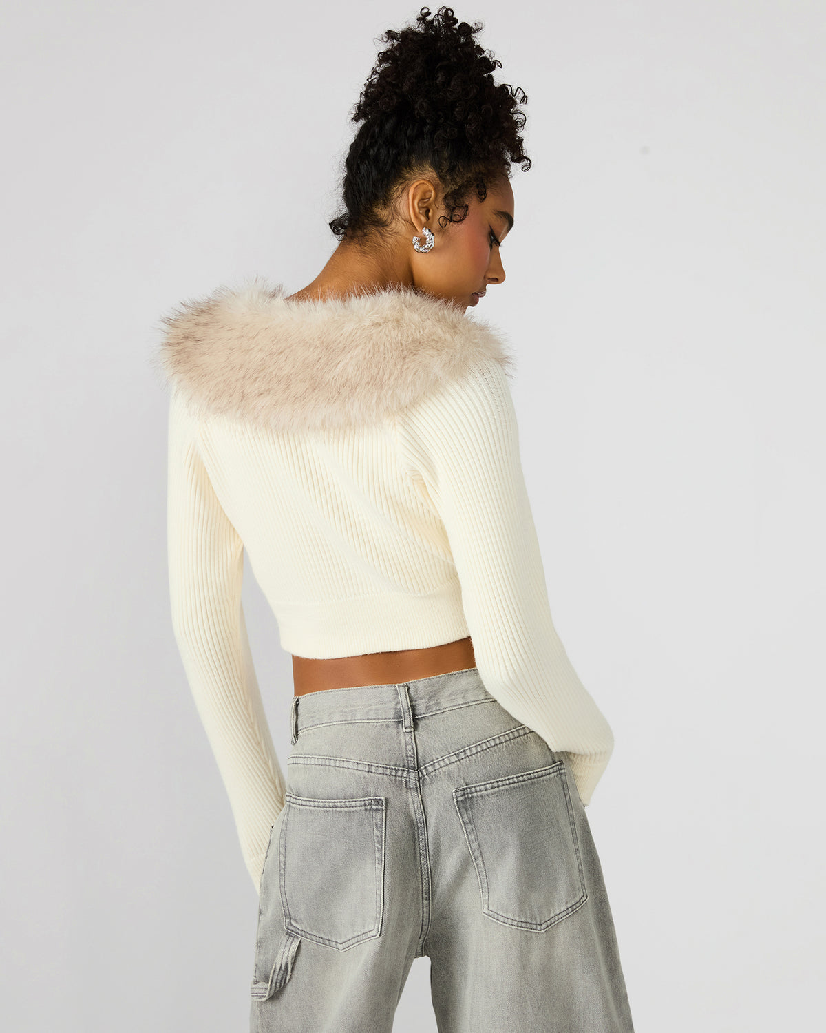 LYSIA Cream Long-Sleeved Faux Fur Hood Zip-Up Ribbed Women's Sweater Jacket | Steve Madden