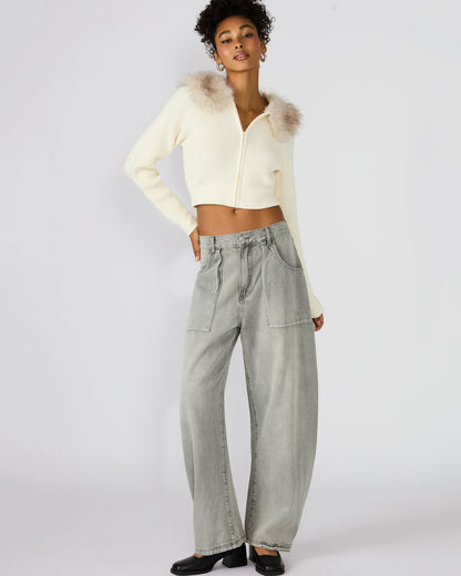 LYSIA Cream Long-Sleeved Faux Fur Hood Zip-Up Ribbed Women's Sweater Jacket | Steve Madden