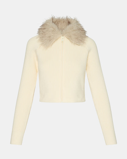 LYSIA Cream Long-Sleeved Faux Fur Hood Zip-Up Ribbed Women's Sweater Jacket | Steve Madden