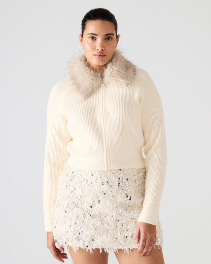 LYSIA Cream Long-Sleeved Faux Fur Hood Zip-Up Ribbed Women's Sweater Jacket | Steve Madden