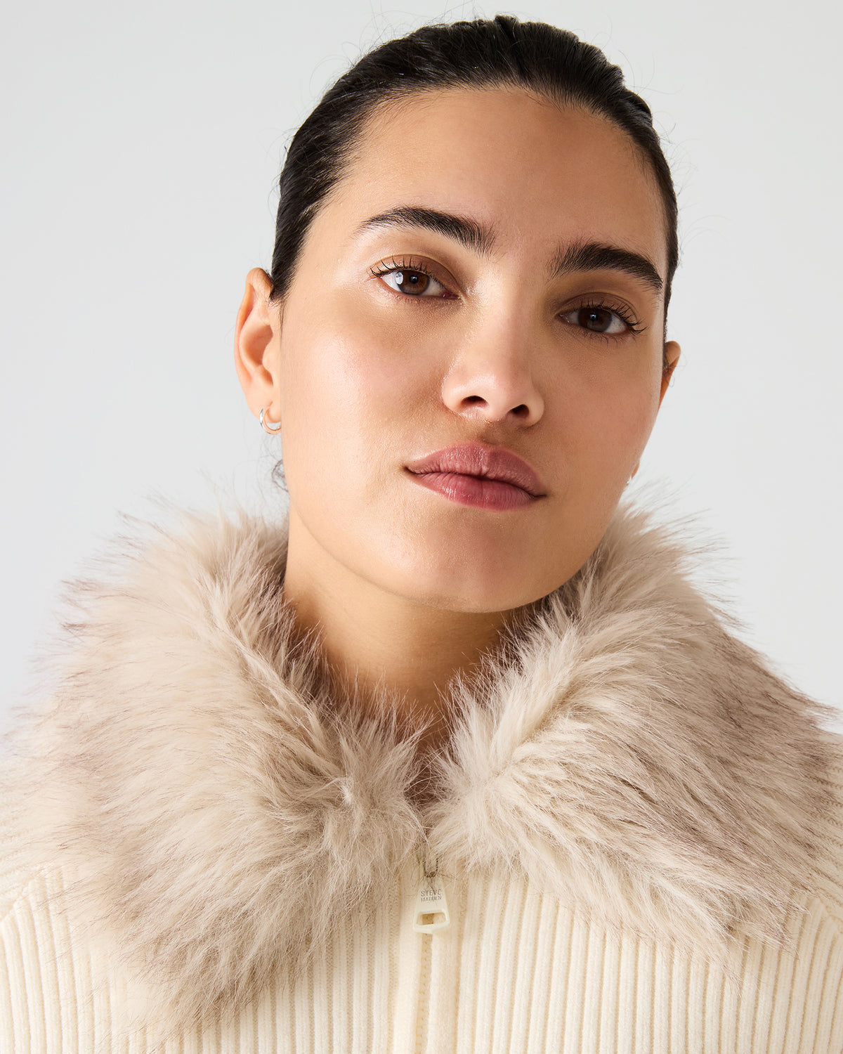 LYSIA Cream Long-Sleeved Faux Fur Hood Zip-Up Ribbed Women's Sweater Jacket | Steve Madden