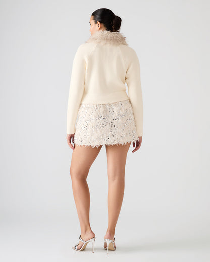 LYSIA Cream Long-Sleeved Faux Fur Hood Zip-Up Ribbed Women's Sweater Jacket | Steve Madden