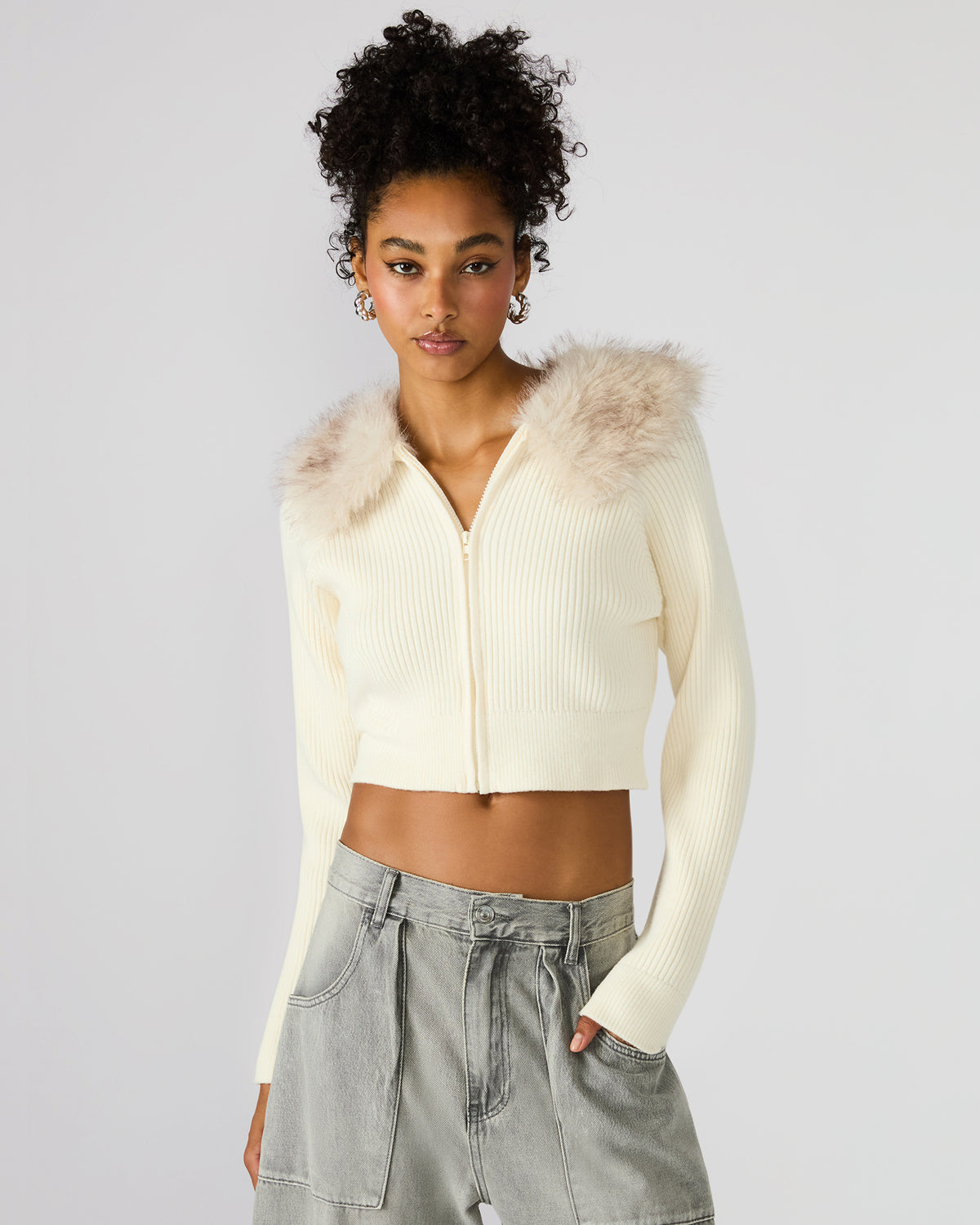 LYSIA Cream Long-Sleeved Faux Fur Hood Zip-Up Ribbed Women's Sweater Jacket | Steve Madden