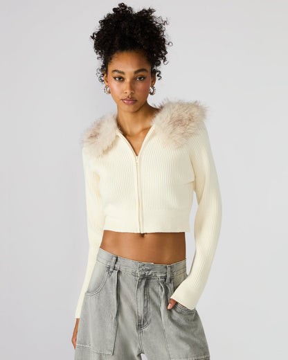 LYSIA Cream Long-Sleeved Faux Fur Hood Zip-Up Ribbed Women's Sweater Jacket | Steve Madden