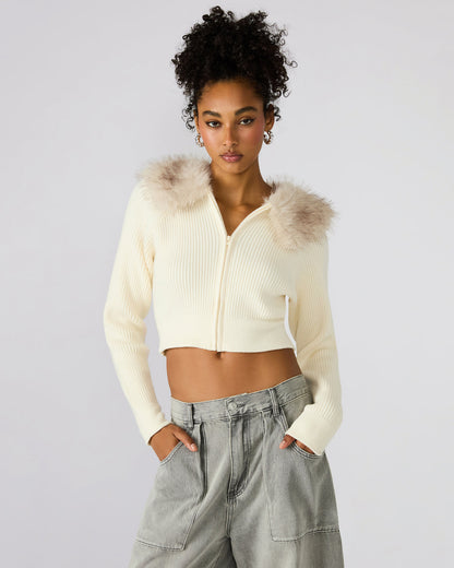 LYSIA Cream Long-Sleeved Faux Fur Hood Zip-Up Ribbed Women's Sweater Jacket | Steve Madden