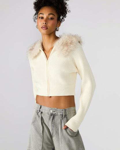 LYSIA Cream Long-Sleeved Faux Fur Hood Zip-Up Ribbed Women's Sweater Jacket | Steve Madden