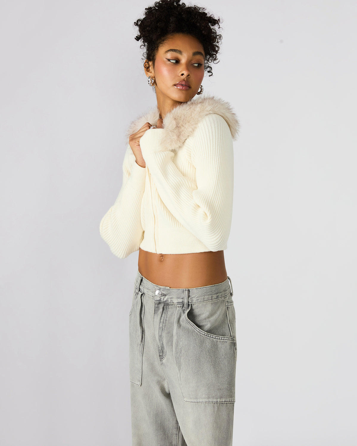 LYSIA Cream Long-Sleeved Faux Fur Hood Zip-Up Ribbed Women's Sweater Jacket | Steve Madden