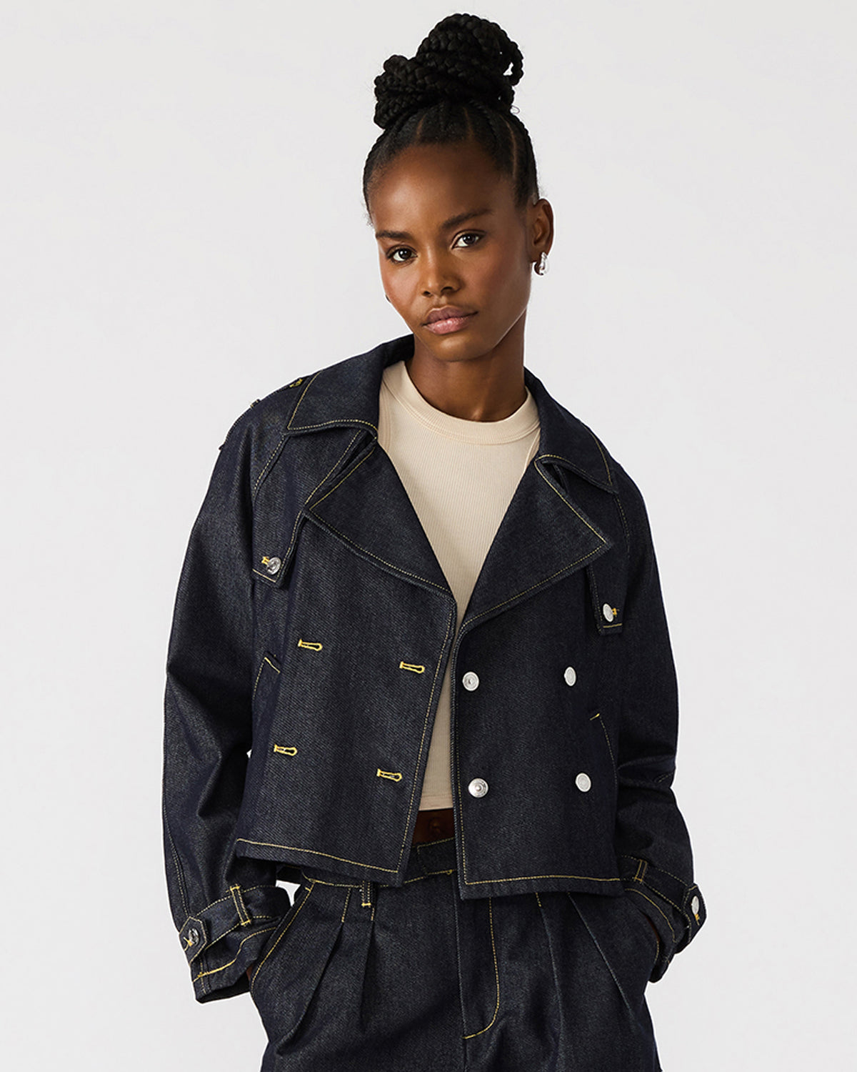 SIRUS Indigo Women's Cropped Denim Trench Coat | Steve Madden