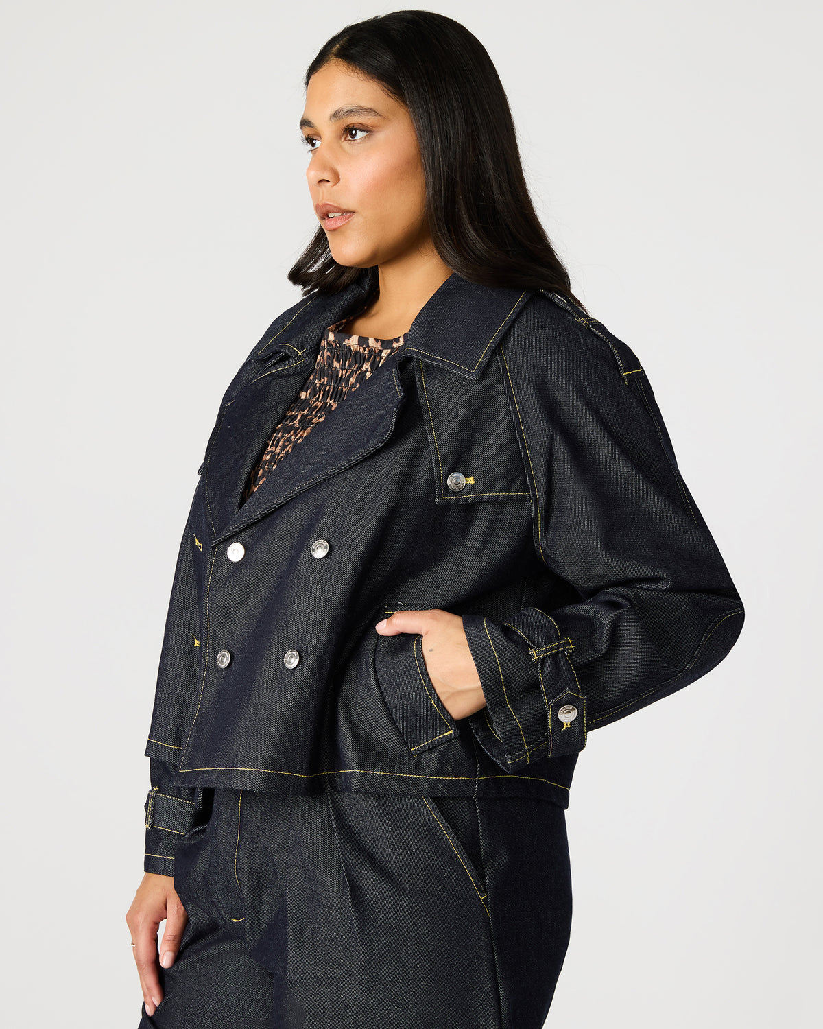 SIRUS Indigo Women's Cropped Denim Trench Coat | Steve Madden
