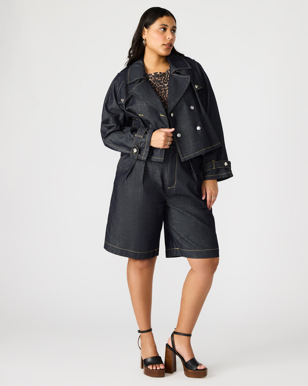 SIRUS Indigo Women's Cropped Denim Trench Coat | Steve Madden