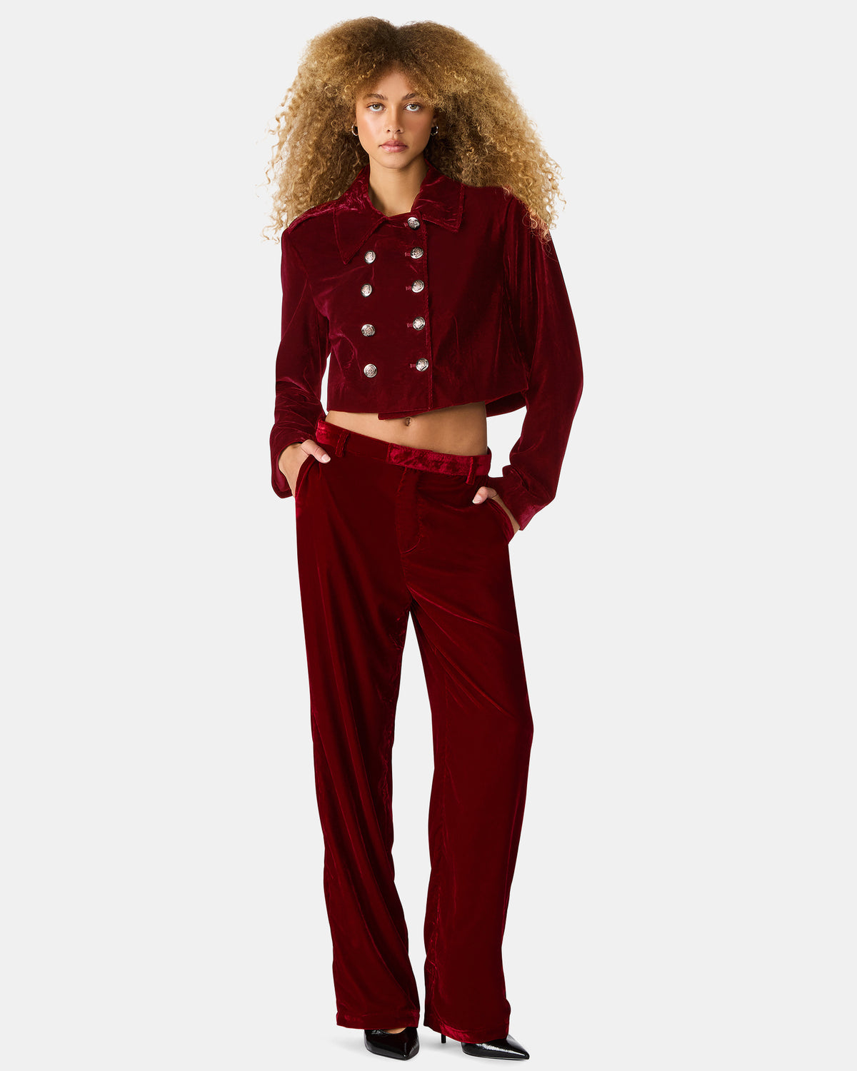 TONIA Red Velvet Button-Up Long-Sleeved Women's Blazer Jacket | Steve Madden