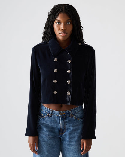 TONIA Indigo Haze Velvet Button-Up Long-Sleeved Women's Blazer Jacket | Steve Madden