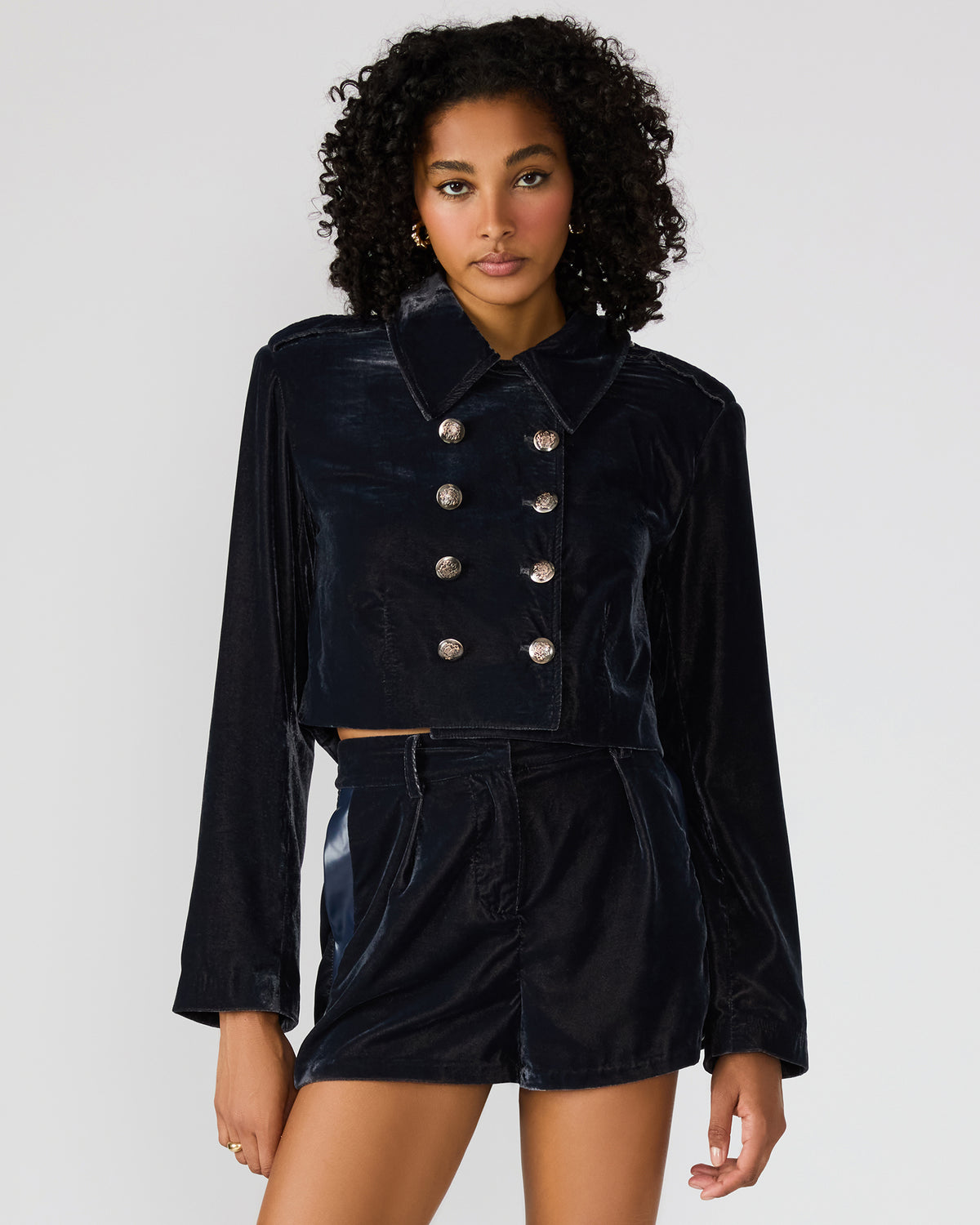 TONIA Indigo Haze Velvet Button-Up Long-Sleeved Women's Blazer Jacket | Steve Madden