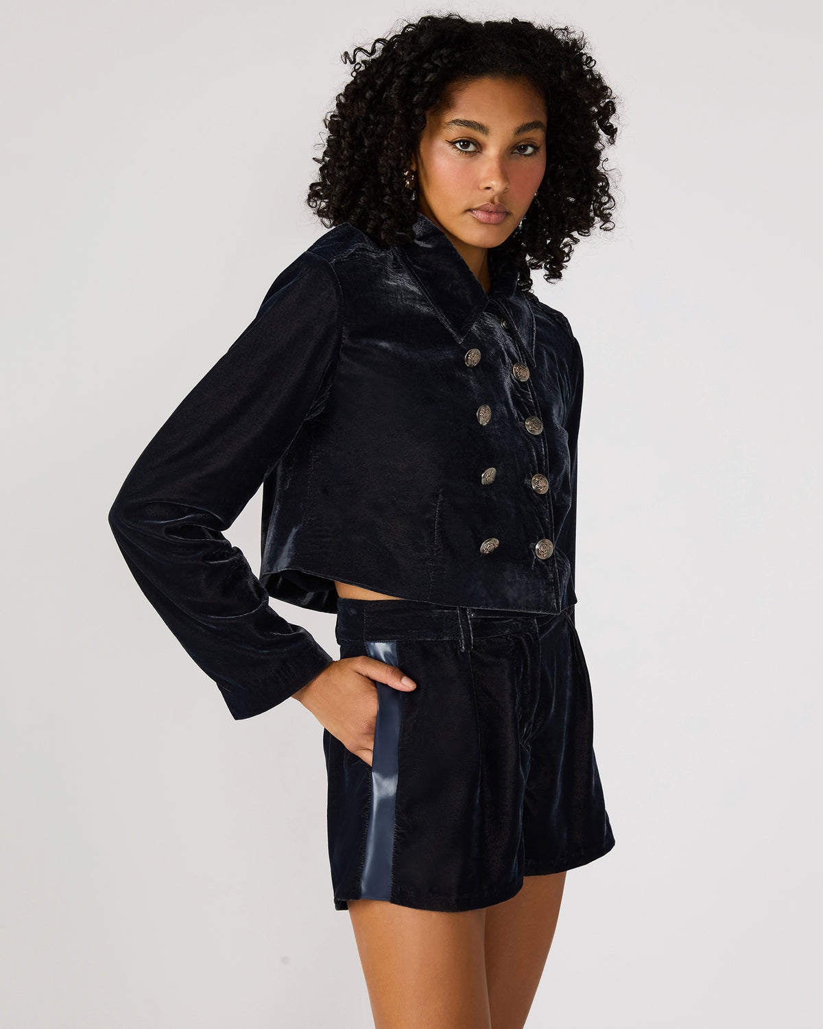 TONIA Indigo Haze Velvet Button-Up Long-Sleeved Women's Blazer Jacket | Steve Madden