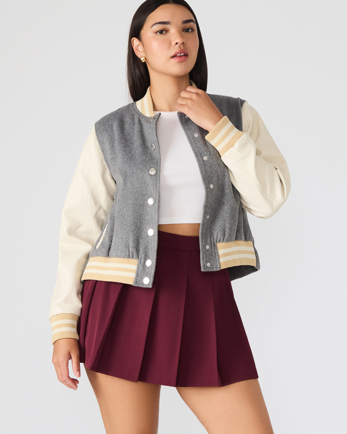 ROONEY Heather Grey Long-Sleeved Varsity Bomber Women's Jacket | Steve Madden