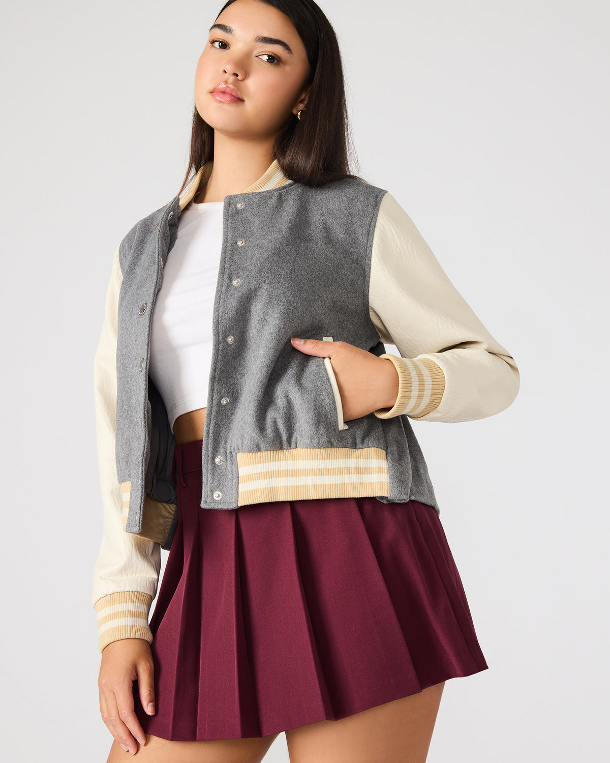 ROONEY Heather Grey Long-Sleeved Varsity Bomber Women's Jacket | Steve Madden