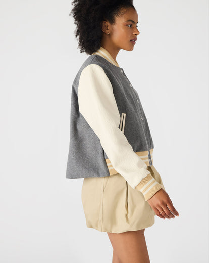 ROONEY Heather Grey Long-Sleeved Varsity Bomber Women's Jacket | Steve Madden