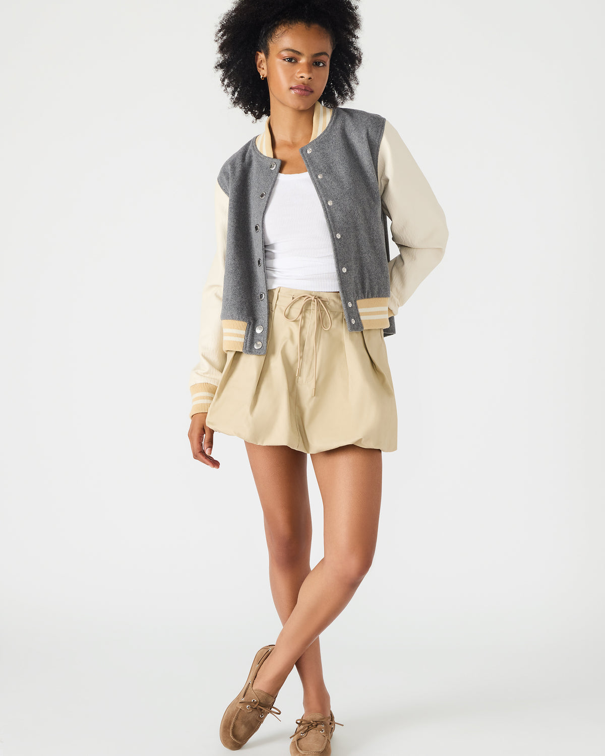 ROONEY Heather Grey Long-Sleeved Varsity Bomber Women's Jacket | Steve Madden