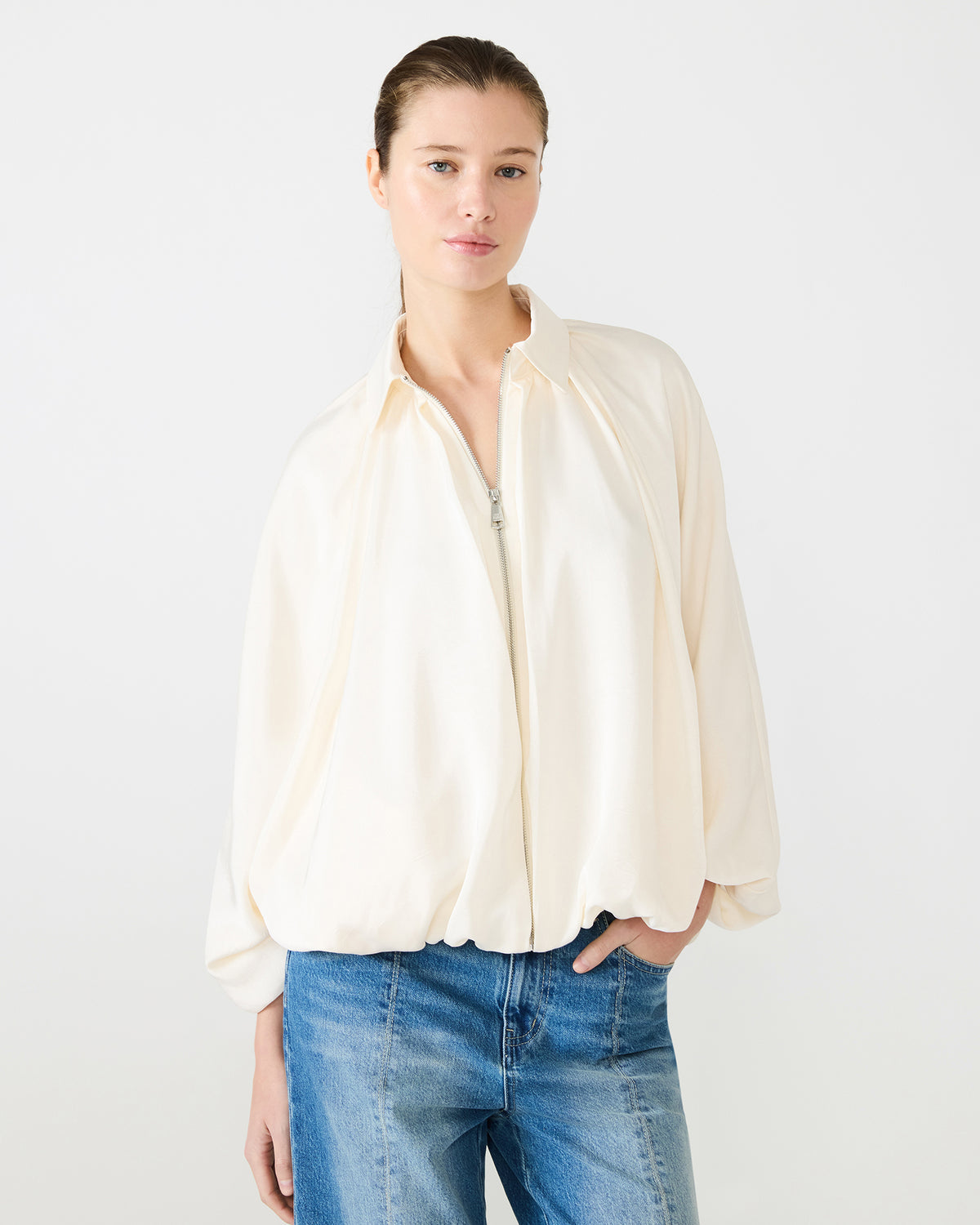 ASPEN Cream Long-Sleeved Zip-Up Puffed Bomber Women's Jacket | Steve Madden