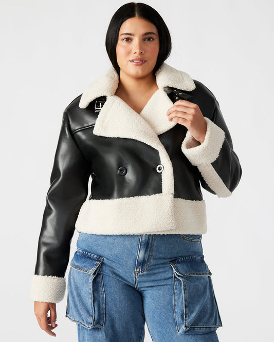 ATHEN Black Women's Faux Leather Shearling Trim Jacket | Steve Madden