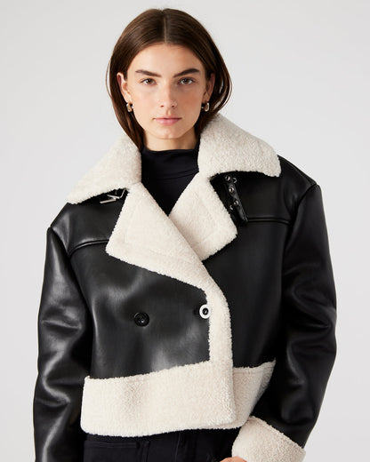 ATHEN Black Women's Faux Leather Shearling Trim Jacket | Steve Madden