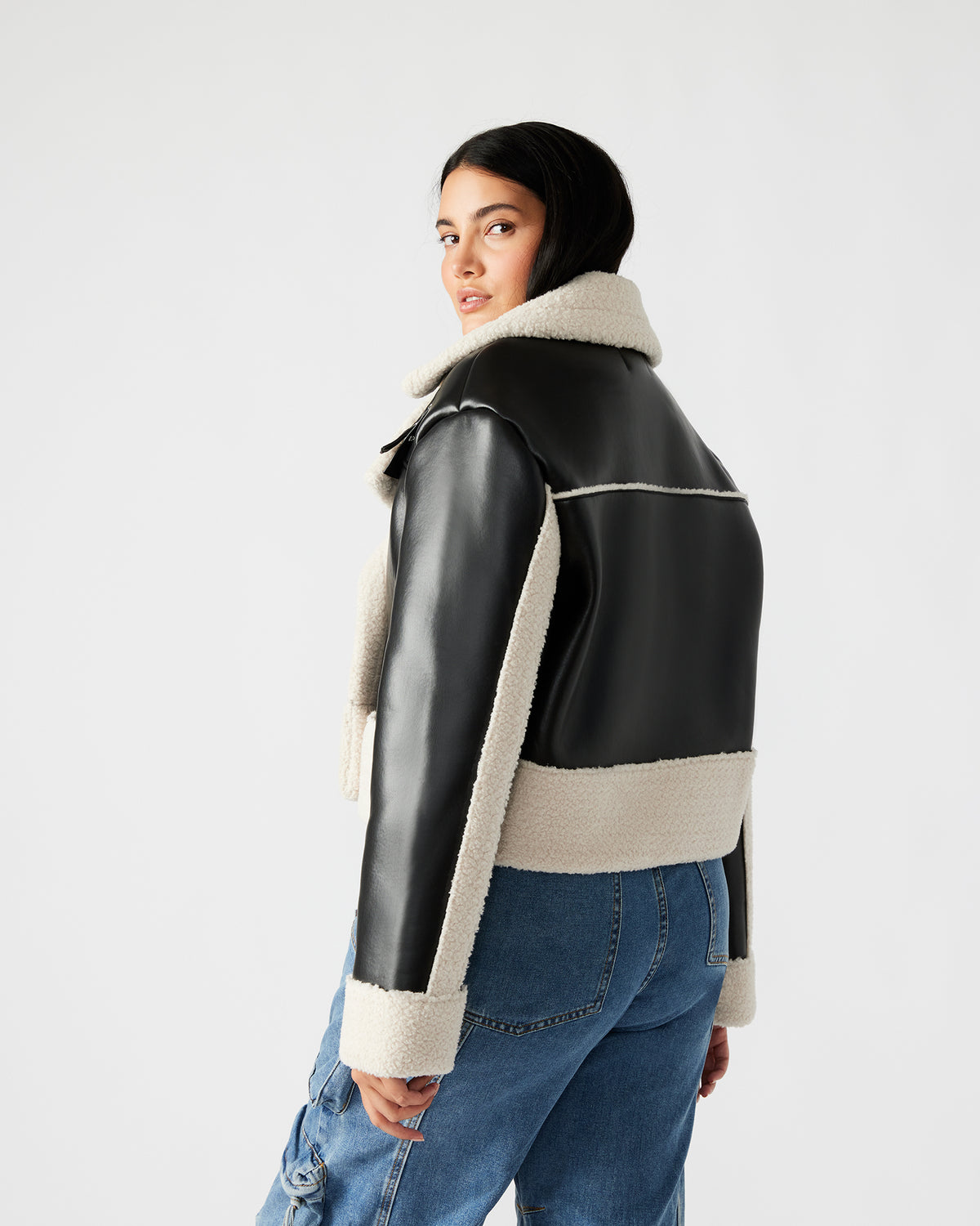 ATHEN Black Women's Faux Leather Shearling Trim Jacket | Steve Madden