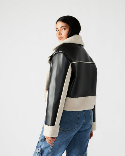 ATHEN Black Women's Faux Leather Shearling Trim Jacket | Steve Madden