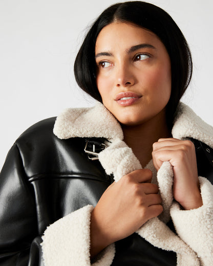 ATHEN Black Women's Faux Leather Shearling Trim Jacket | Steve Madden