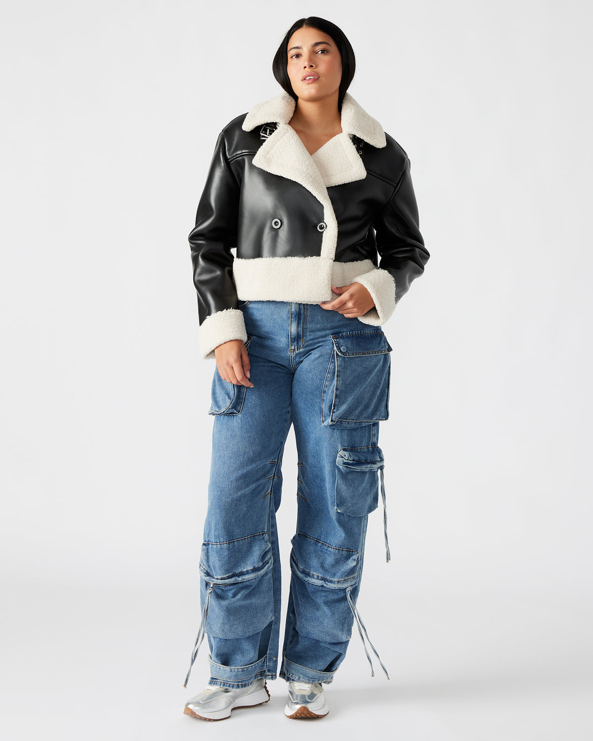 ATHEN Black Women's Faux Leather Shearling Trim Jacket | Steve Madden