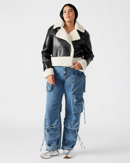 ATHEN Black Women's Faux Leather Shearling Trim Jacket | Steve Madden