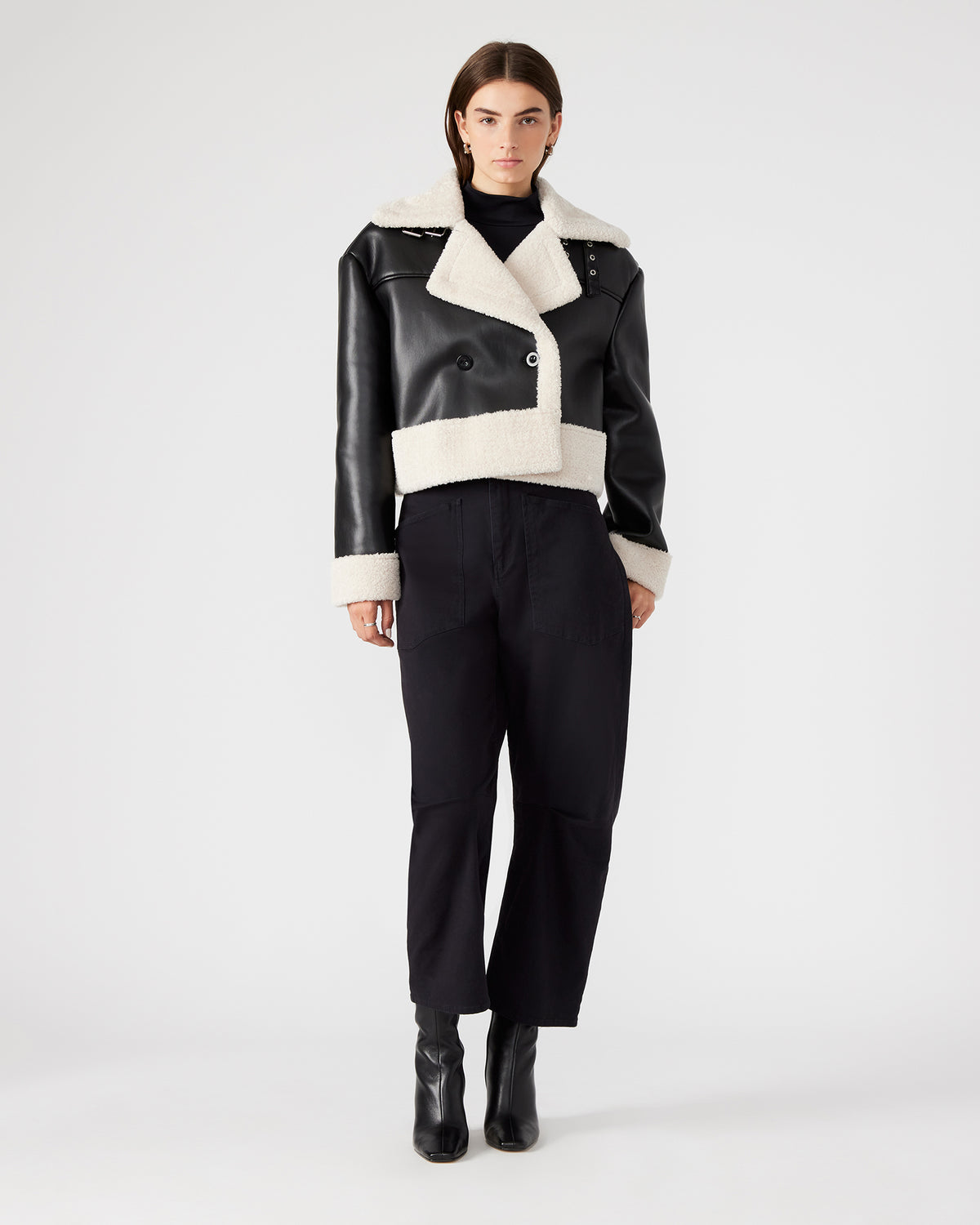 ATHEN Black Women's Faux Leather Shearling Trim Jacket | Steve Madden