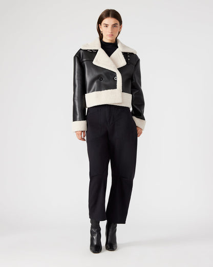 ATHEN Black Women's Faux Leather Shearling Trim Jacket | Steve Madden