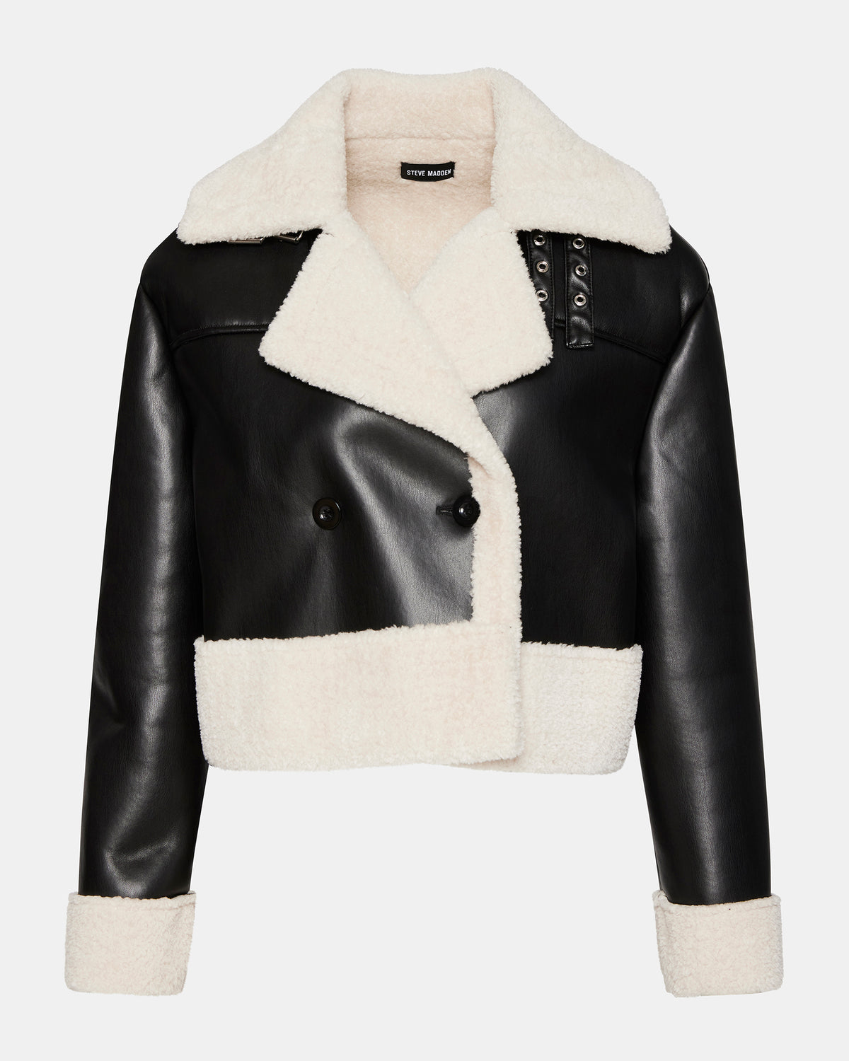 ATHEN Black Women's Faux Leather Shearling Trim Jacket | Steve Madden