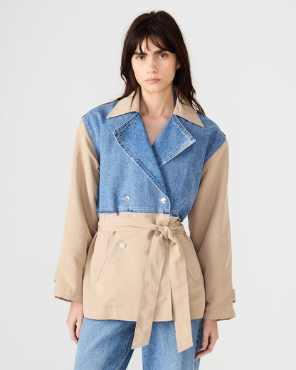 SHYLA Denim Multi Long-Sleeved Denim Khaki Button-Up Tie-Front Women's Coat | Steve Madden