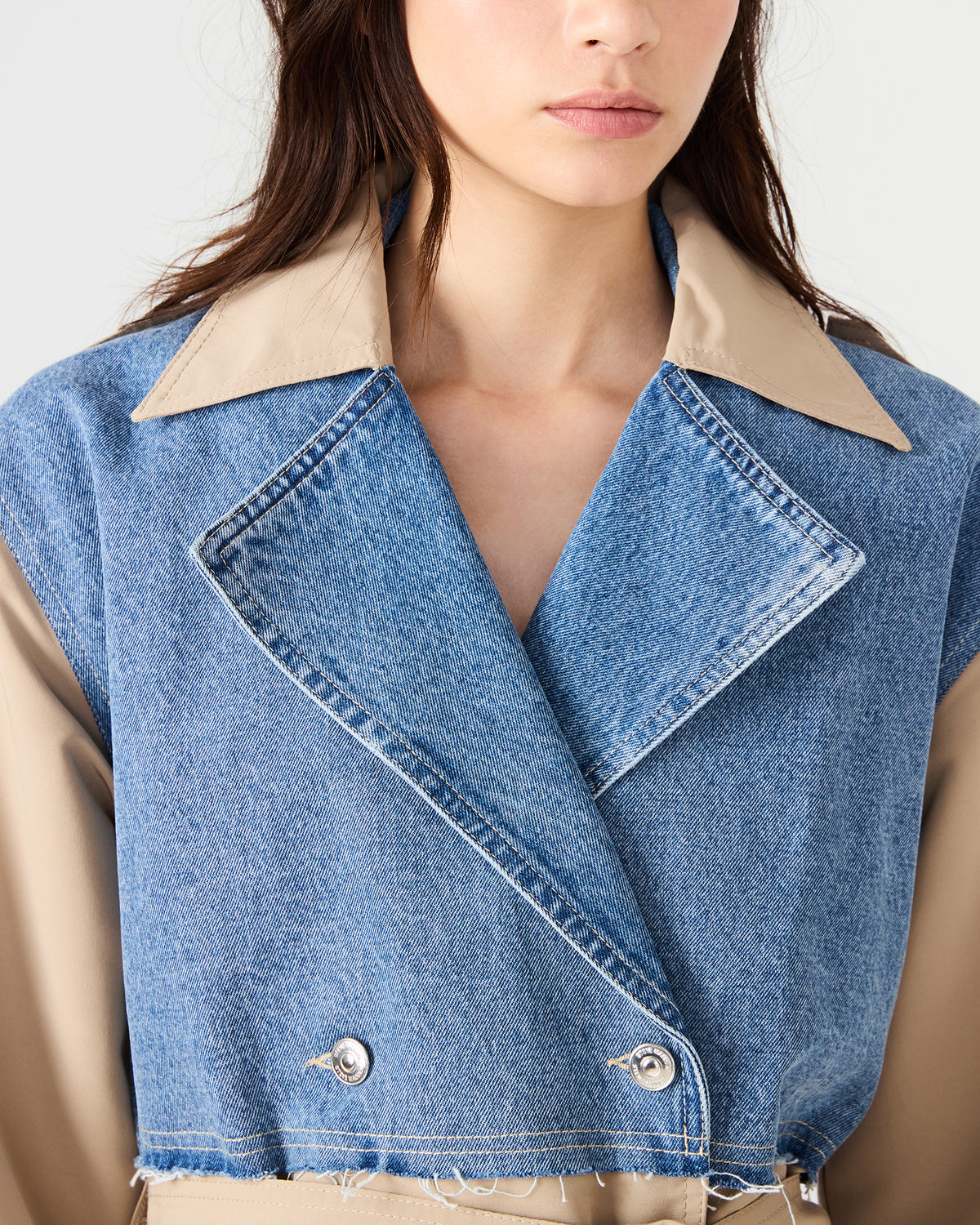 SHYLA Denim Multi Long-Sleeved Denim Khaki Button-Up Tie-Front Women's Coat | Steve Madden