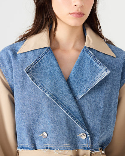 SHYLA Denim Multi Long-Sleeved Denim Khaki Button-Up Tie-Front Women's Coat | Steve Madden